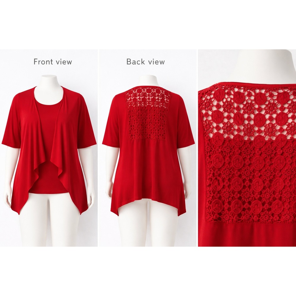 Susan Graver Womens 3X Liquid‎ Knit Cardigan & Tank Set Crochet Back Red A215100